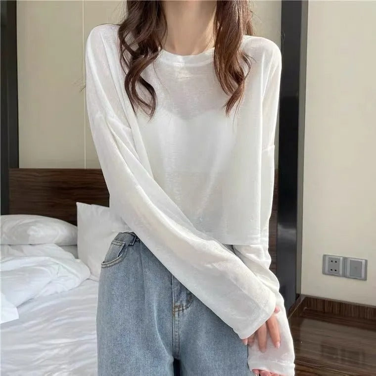 【お得】長袖無地リゾートTシャツトップス冷房対策