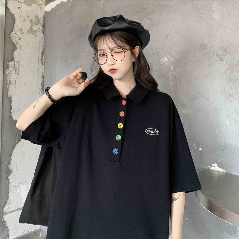 人気沸騰ボタン付き半袖Tシャツトップス