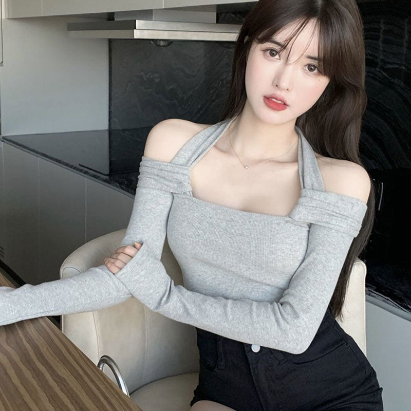 ホルターネック無地セクシーTシャツトップス