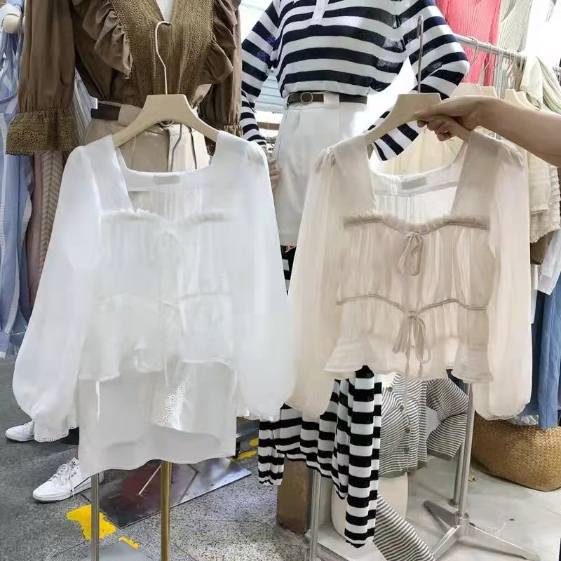 シフォンフリル裾切り替え長袖ゆったりコーデしやすいシャツ・ブラウストップス