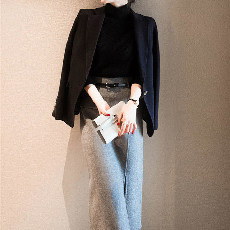 気質よいハイネック無地セーター＆2colorsスリットロングスカートセットアップ
