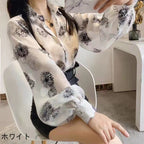 花柄シフォン長袖合わせやすいランタンスリーブゆったりファッションシャツ・ブラウストップス