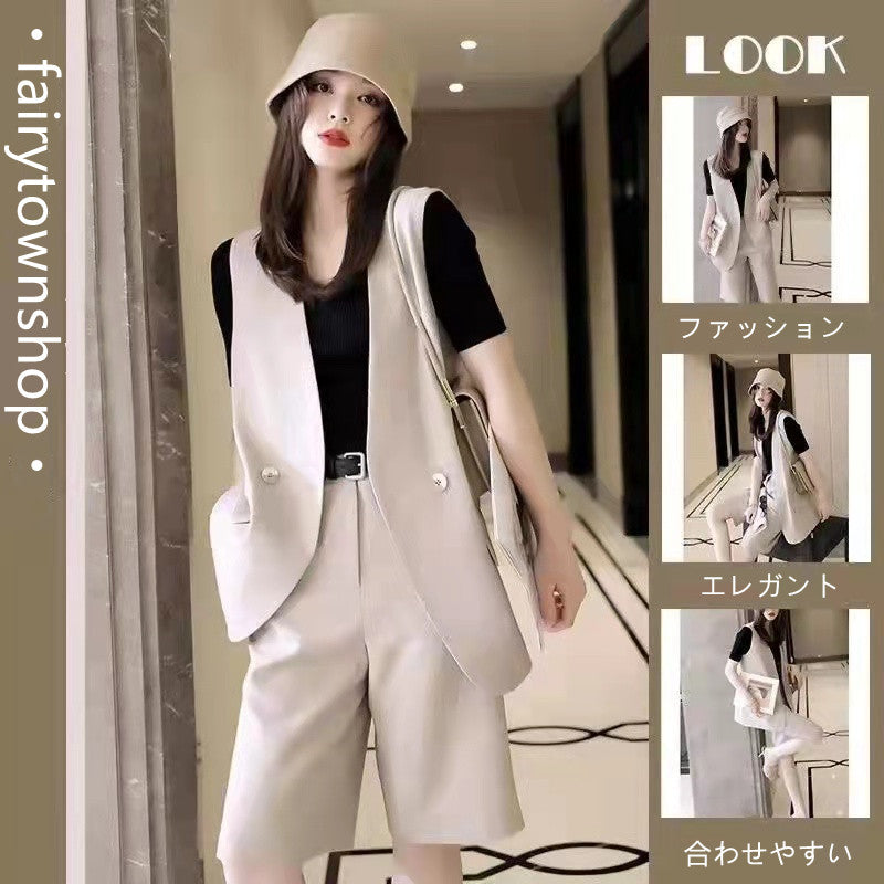 ファッション無地気質通勤スーツベストアウター＆ブラックTシャツ＆無地ショーツセットアップ