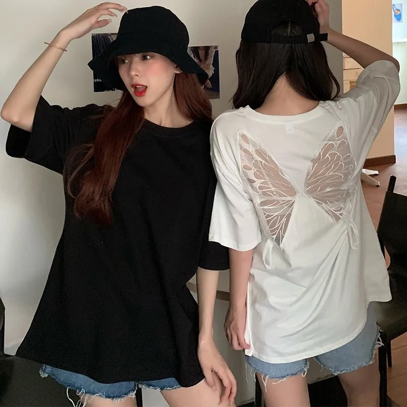 後ろ蝶々プリント透かし彫り無地半袖Tシャツトップス