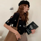 花柄シースルー薄ニット半袖トップス