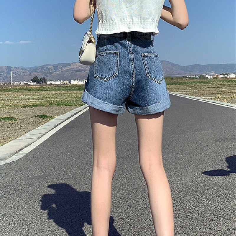 ハイウエストルーズワイドレッグAラインカールデニムショーツショートパンツカジュアルパンツ