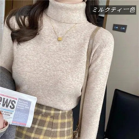 【カラー追加】10カラーシンプル無地合わせやすいニットスリムハイネックトップス