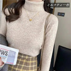 【カラー追加】10カラーシンプル無地合わせやすいニットスリムハイネックトップス
