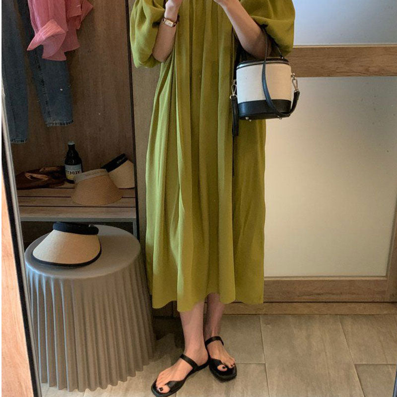 2カラー選択オープン・ショルダーパフスリーブカジュアルワンピース体系カバー旅行海コーデ