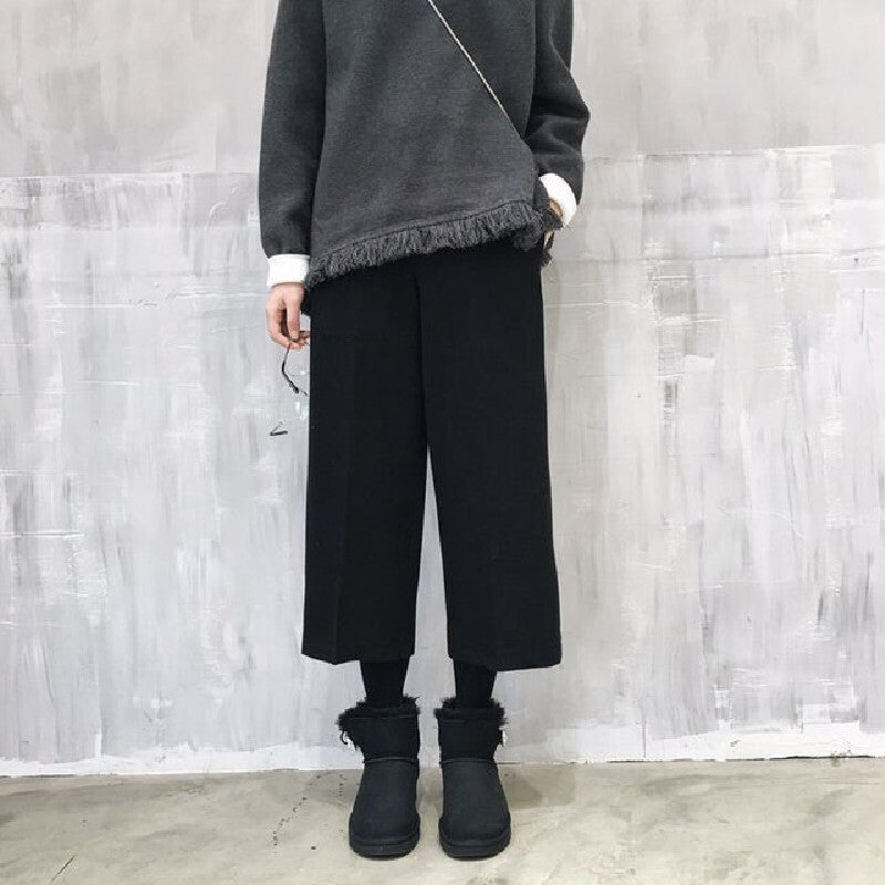 秋冬無地カジュアル合わせやすいラシャ着痩せハイウエストパンツ