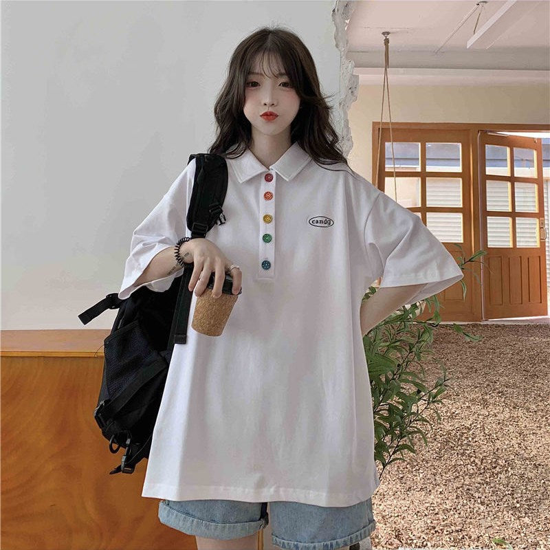 人気沸騰ボタン付き半袖Tシャツトップス