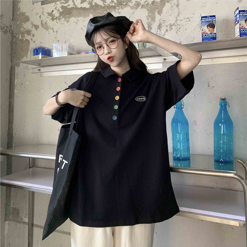 人気沸騰ボタン付き半袖Tシャツトップス