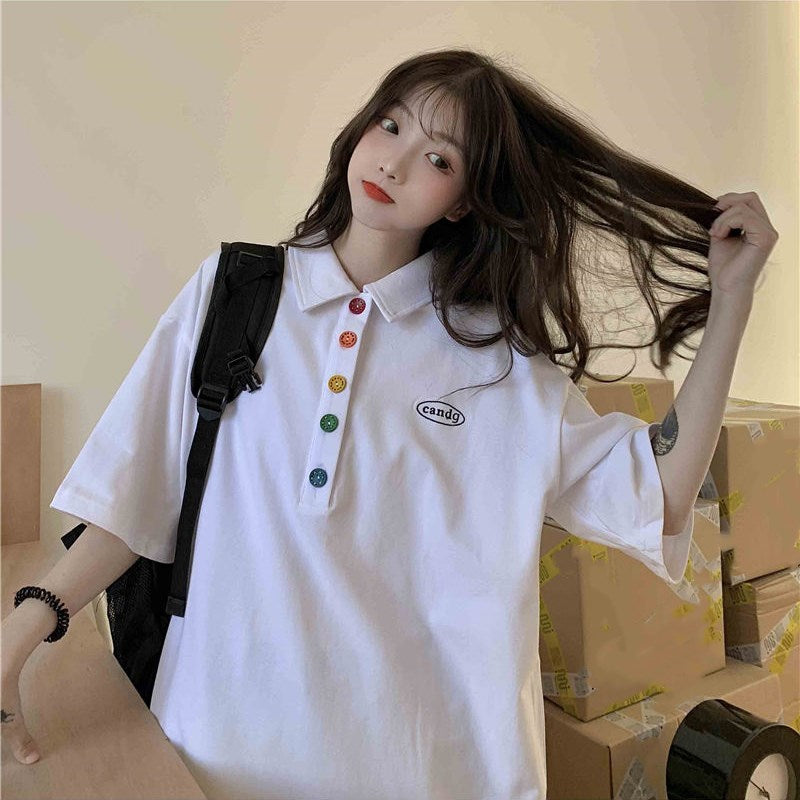 人気沸騰ボタン付き半袖Tシャツトップス