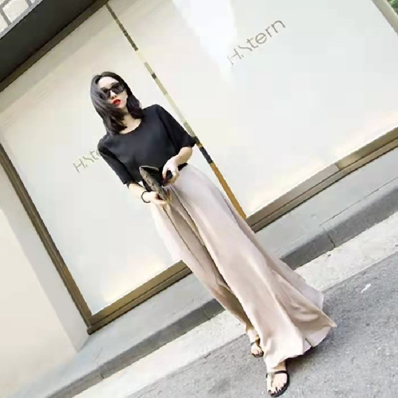高見え優しい印象滑らか生地シフォンハイウエスト合わせやすいゆったりロングワイドレッグパンツ