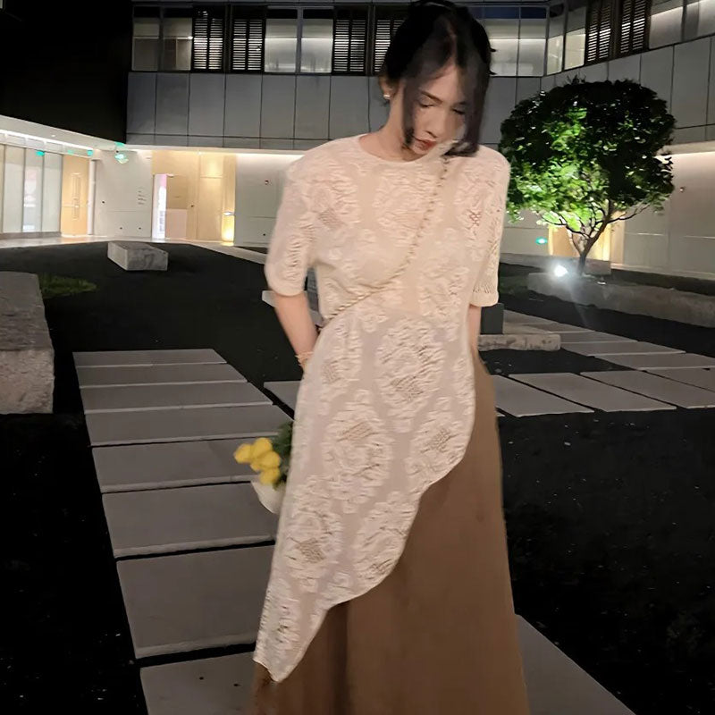 レース花柄透かし彫り不規則ロングTシャツトップス