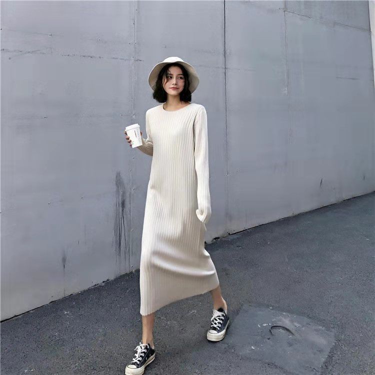 秋冬シンプル無地合わせやすい長袖ニットロングワンピース