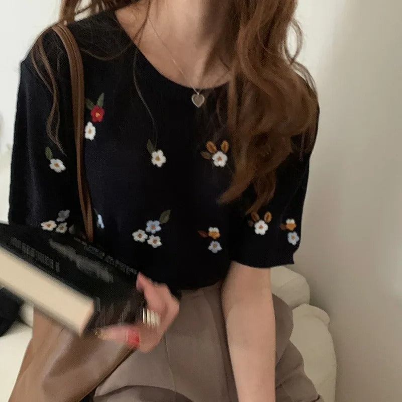花柄シースルー薄ニット半袖トップス