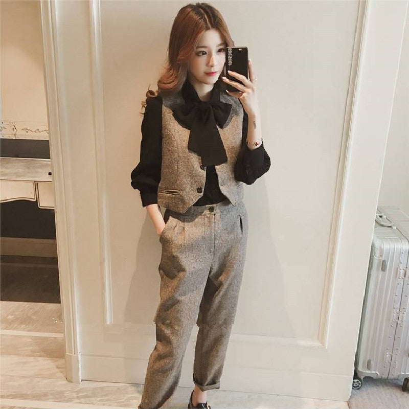 韓国風三点セットリボン付きシャツ＆合わせやすいベスト＆ロングパンツセットアップ