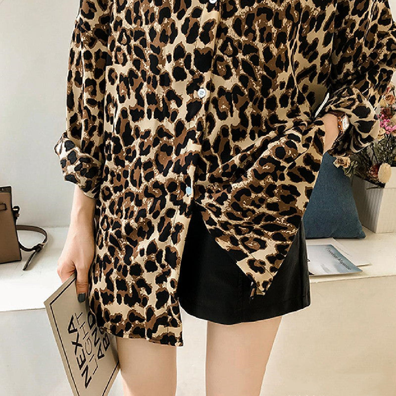 レオパード柄ファッション気質合わせやすいゆったりロングシャツ・ブラウストップス