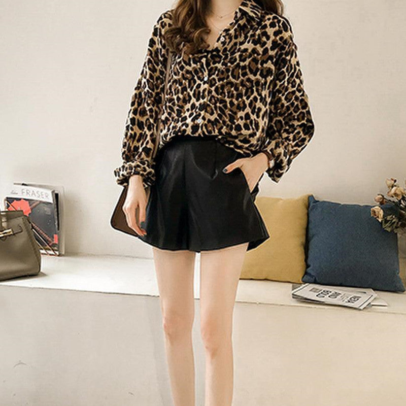 レオパード柄ファッション気質合わせやすいゆったりロングシャツ・ブラウストップス