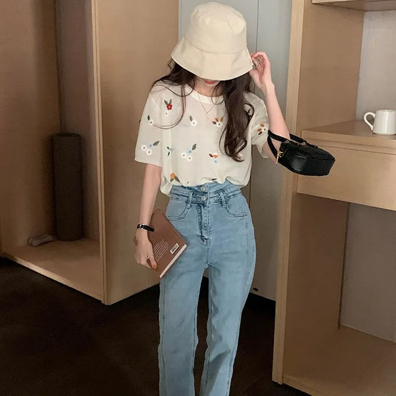 花柄シースルー薄ニット半袖トップス