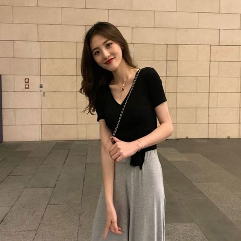 【お得】カシュクールデザイン無地半袖Tシャツウエストリボントップス