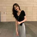 【お得】カシュクールデザイン無地半袖Tシャツウエストリボントップス