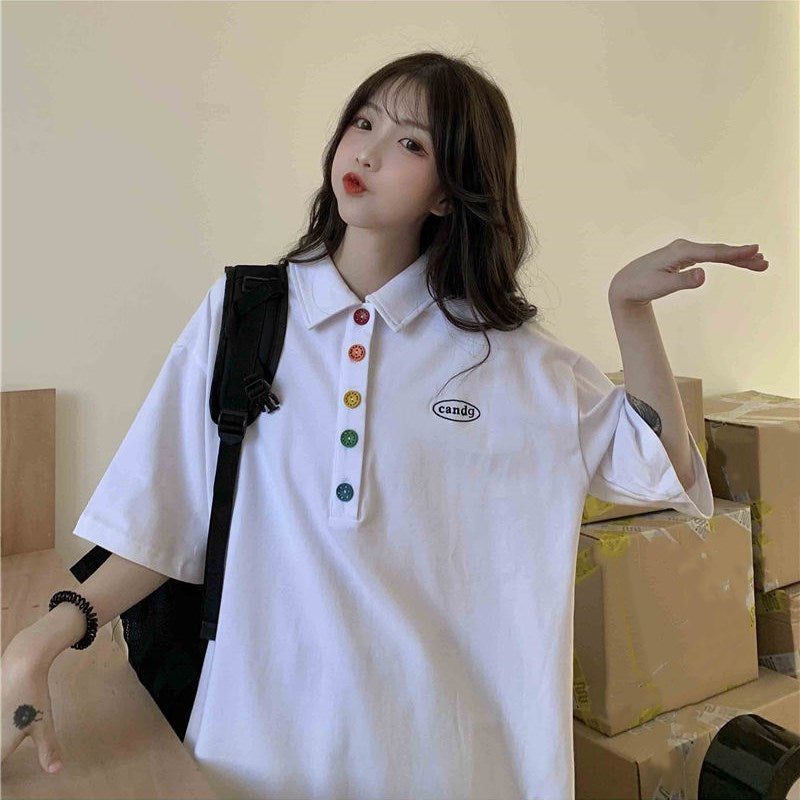 人気沸騰ボタン付き半袖Tシャツトップス