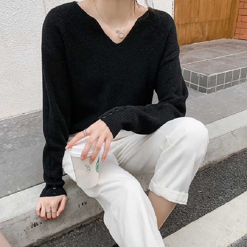 好感度100％シンプル無地合わせやすい長袖ニットトップス