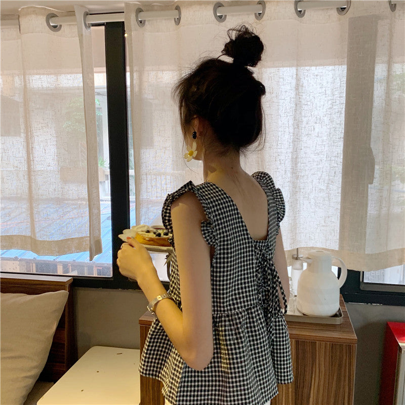 チェック柄フリル裾無袖トップス大人かわいいトップス