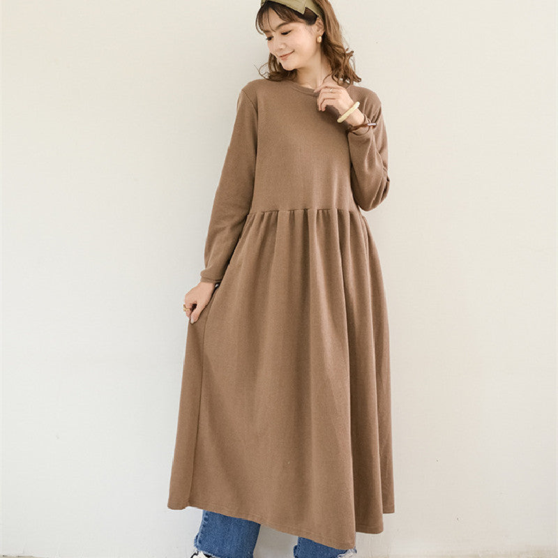5COLORSシンプル無地ラウンドネックゆるリラックスロングワンピース