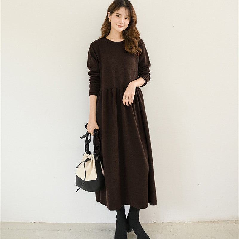 5COLORSシンプル無地ラウンドネックゆるリラックスロングワンピース