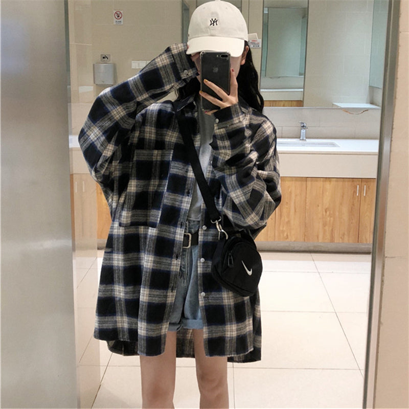 チェック柄長袖気質ゆったり着痩せ効果デザインスタイルカジュアルシャツ・ブラウス