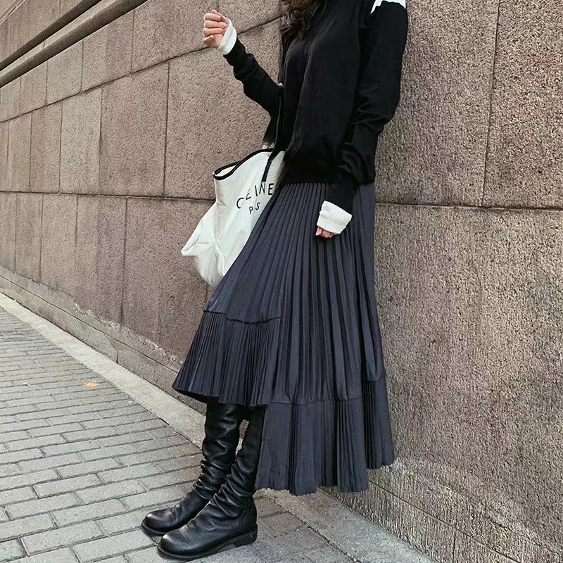フレア裾プリーツ不規則デザインスカート