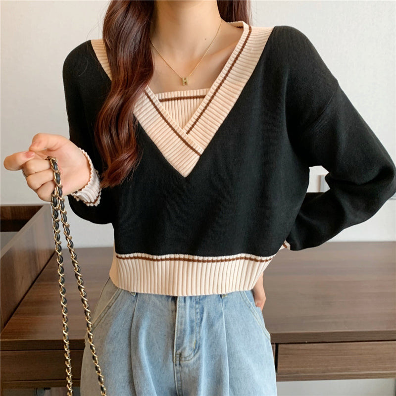 4colorsレトロフェイクレイヤード配色Ⅴネックニットトップス