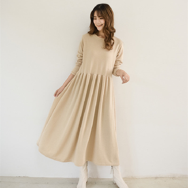 5COLORSシンプル無地ラウンドネックゆるリラックスロングワンピース