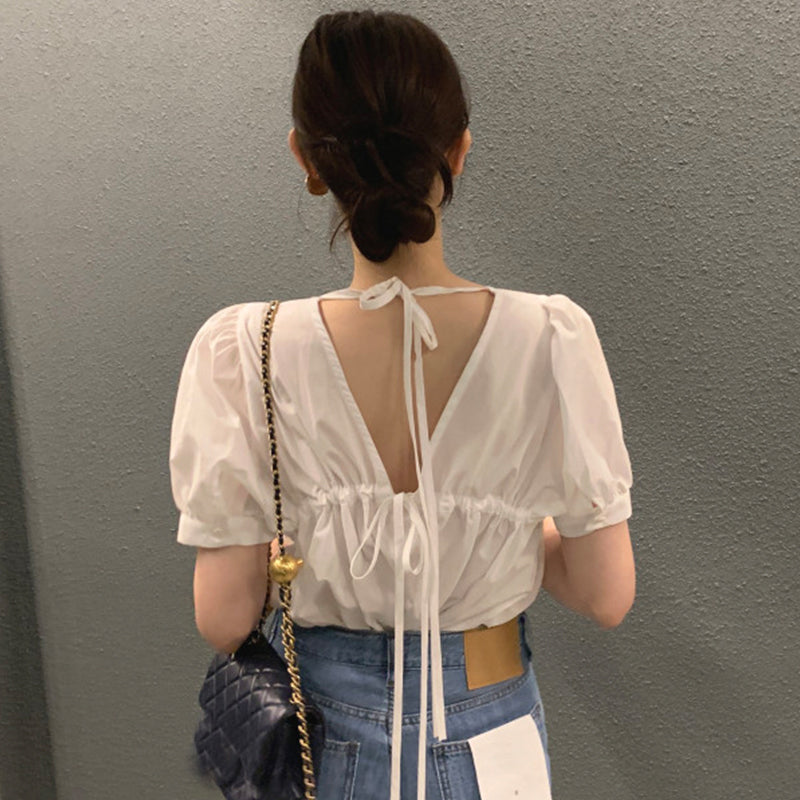 後ろリボン半袖シンプルコーデシャツブラウストップス