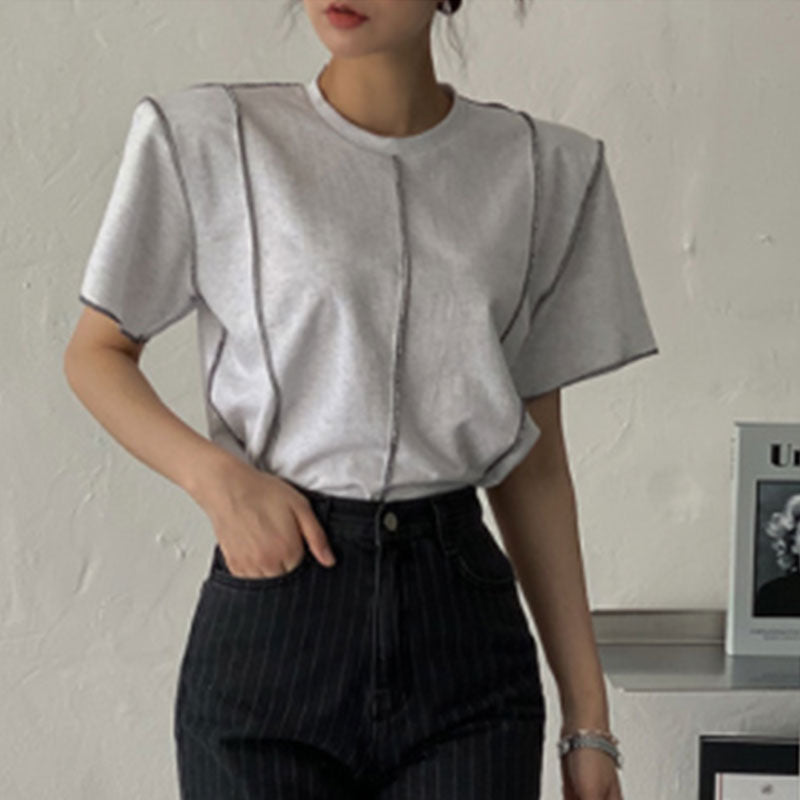ストライプ半袖リゾートＴシャツ通勤日常コーデトップス肩パッド付