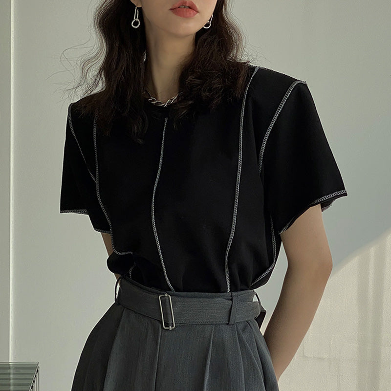 ストライプ半袖リゾートＴシャツ通勤日常コーデトップス肩パッド付