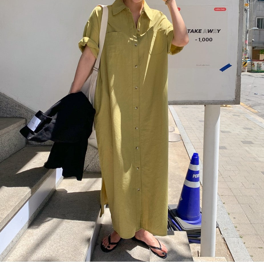 けだるい風4カラー選択折ネックボタン付きマキシワンピースカジュアルワンピース無地リゾート