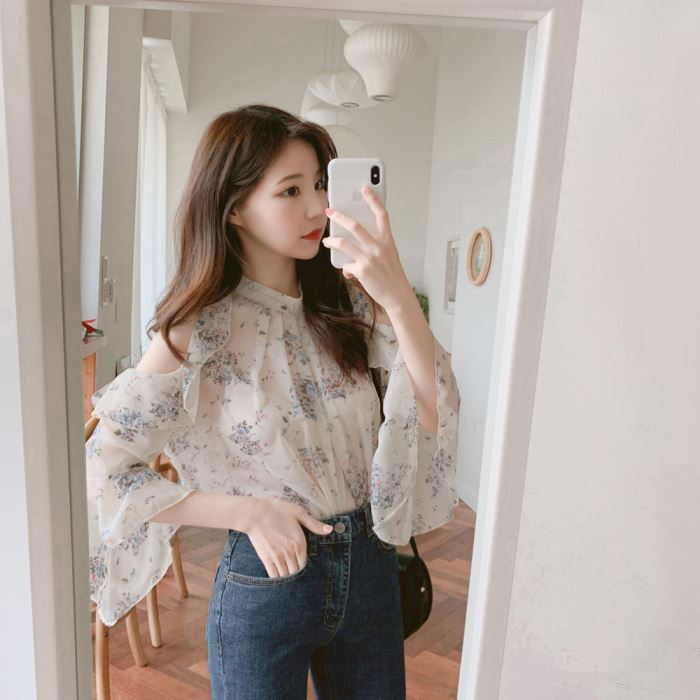 シフォン花柄フリル裾ブラウス・シャツトップス