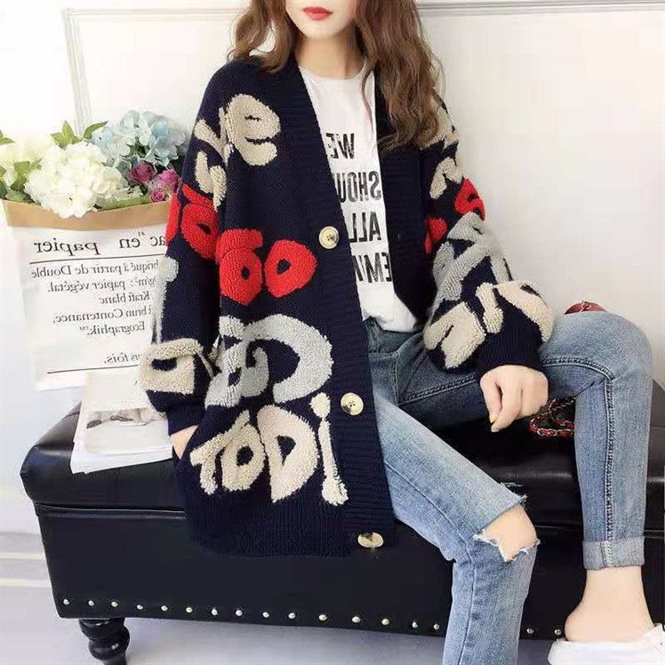 韓国風カジュアル字母ゆるリラックス配色ニットセーターアウター