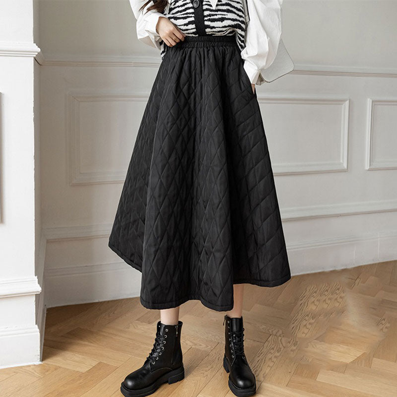 ひし形チェック柄中綿Aラインスカート3カラー選択暖かいスカートボトムス