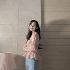 ギャザーストレッチシフォン花柄シャツ