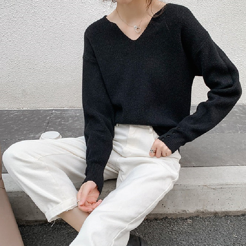 好感度100％シンプル無地合わせやすい長袖ニットトップス
