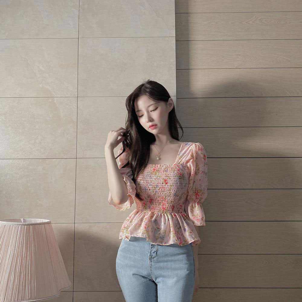 ギャザーストレッチシフォン花柄シャツ