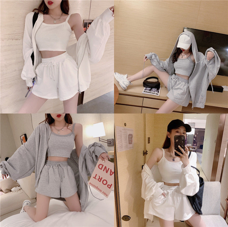 キャミソール＆フード付きパーカー＆ショートパンツ3点セットアップ