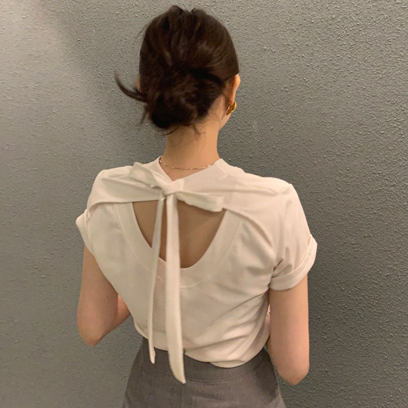 後ろ開きリボンデザイン半袖Tシャツトップス