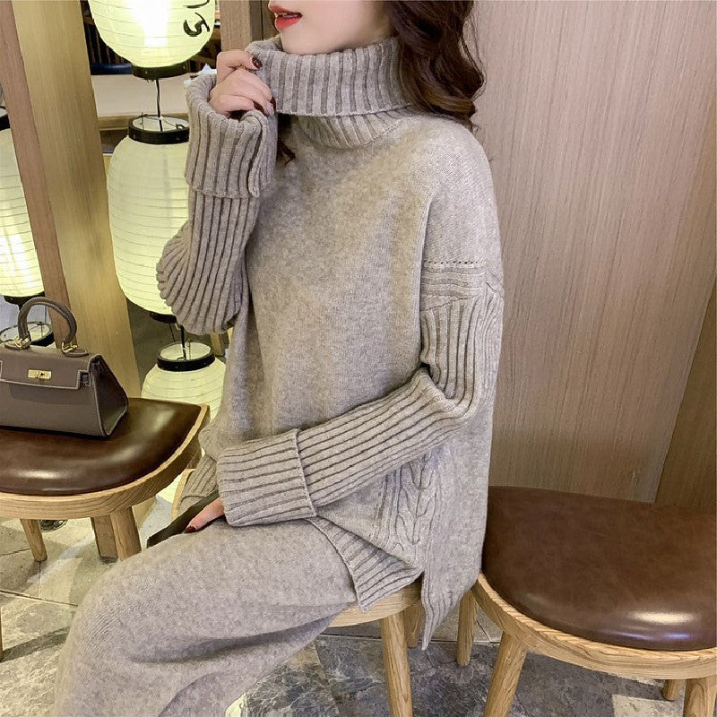 3COLORS秋冬シンプル無地ハイネックスリットニットセーター＆合わせやすいロングパンツセットアップ