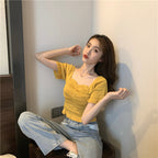 多カラー選択ドレープ半袖ニットTシャツ